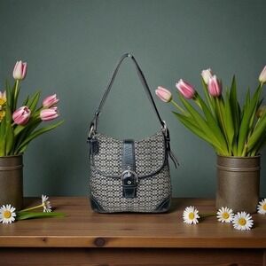 Vintage Y2K Coach Signature Buckle Flap Shoulder Bag Black Leather‎ Trim